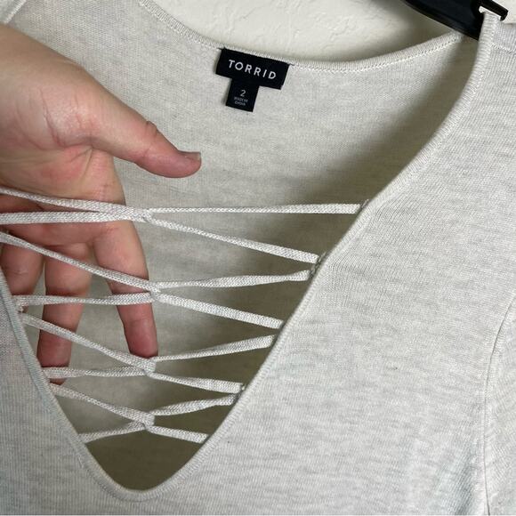 Torrid Oatmeal Heather Mini Sweater Cross Front Skater Dress Lace-Up Lattice - Picture 6 of 15